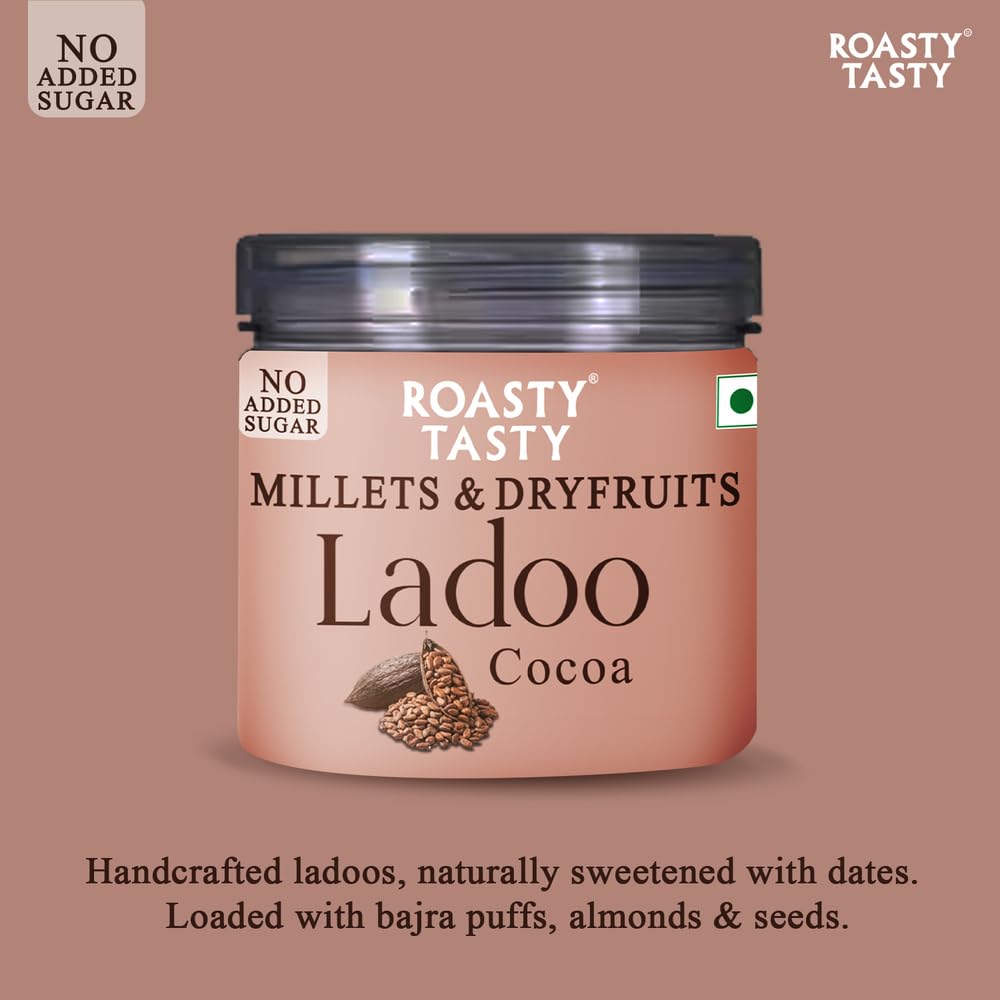Roasty Tasty Cocoa - Millets & Dryfruits Ladoo | No Added Sugar | Energy Bar Replacement | No Artificial Flavor | Healthy Snacks | Rich in Proteins | Dry Fruits, Seeds & Nuts Mithai | Pack of 1-100g