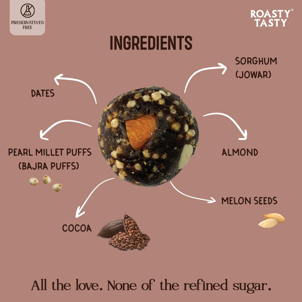 Roasty Tasty Cocoa - Millets & Dryfruits Ladoo | No Added Sugar | Energy Bar Replacement | No Artificial Flavor | Healthy Snacks | Rich in Proteins | Dry Fruits, Seeds & Nuts Mithai | Pack of 1-100g