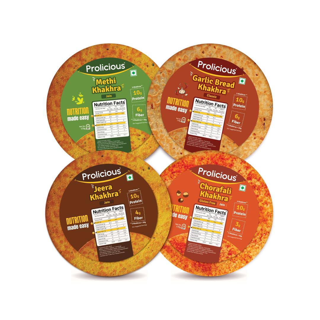 Prolicious Jain Khakhra Combo | Plant Based High Protein Healthy Anytime Snack | No Palm Oil (Pack of 4, 170Grams Each)