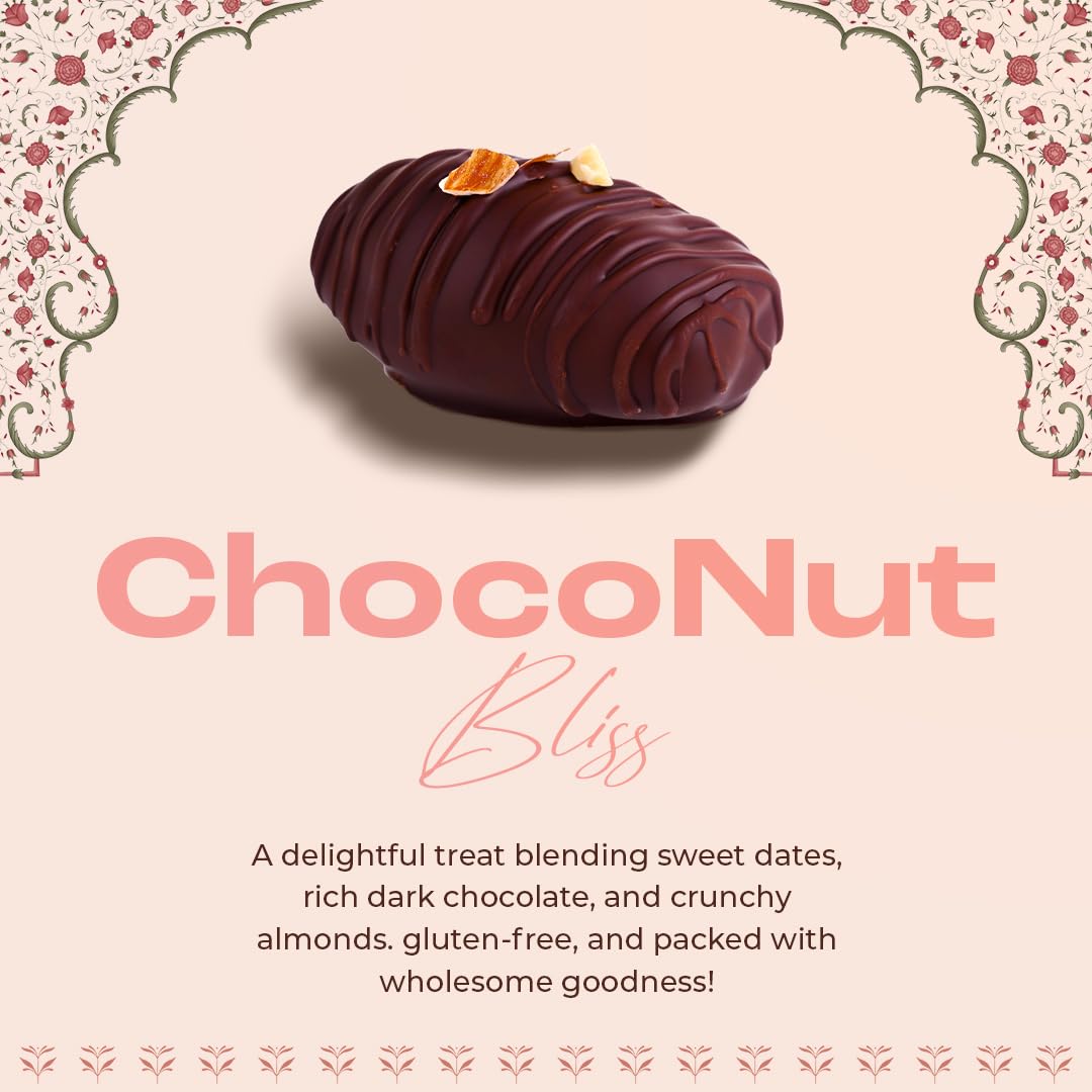 7 BAZAARI™ Premium Choco & Nut Dates - No Added Sugar, Gluten Free, Natural Ingredients - Assorted Almond Dark Chocolate, Cashew Milk Chocolate- 6pcs (Pack of 1)