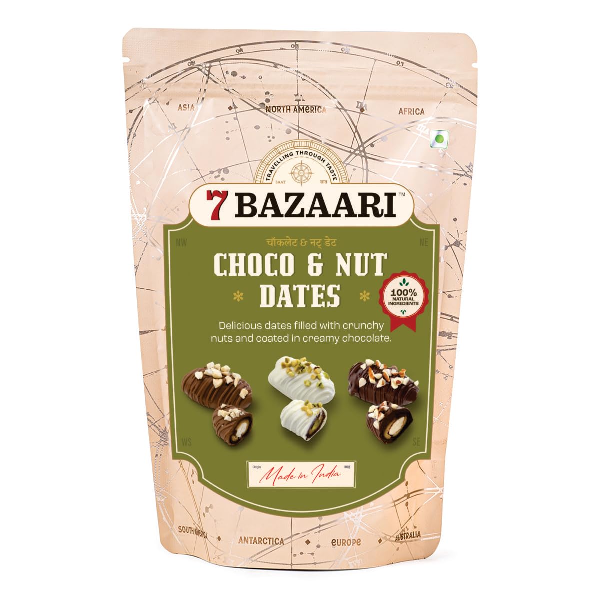7 BAZAARI™ Premium Choco & Nut Dates - No Added Sugar, Gluten Free, Natural Ingredients - Assorted Almond Dark Chocolate, Cashew Milk Chocolate- 6pcs (Pack of 1)