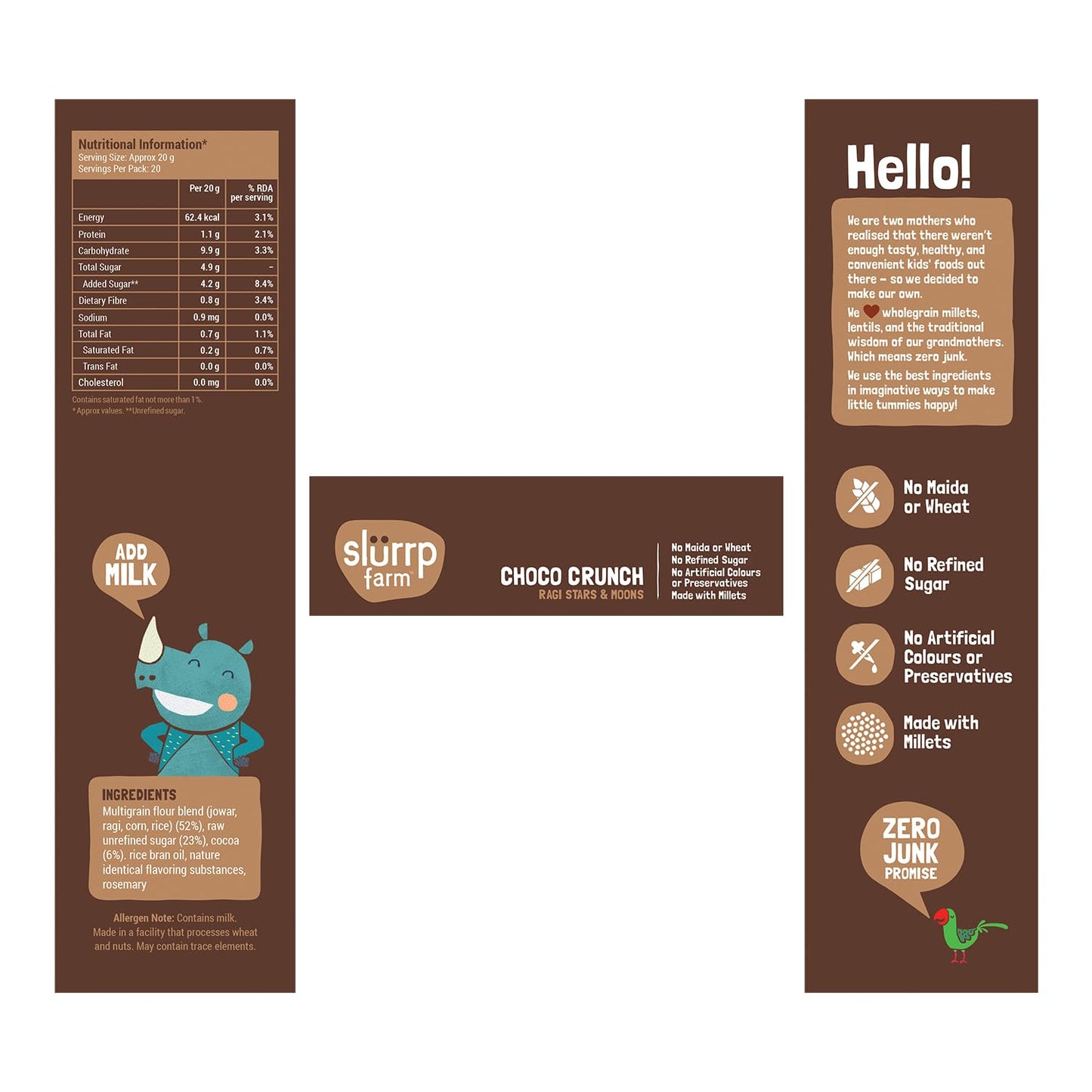 Slurrp Farm Choco Crunch Chocolate Cereal | No Maida, No Refined Sugar, No Added Colour | Ragi Stars and Moons | Healthy Breakfast for Kids | 400 g