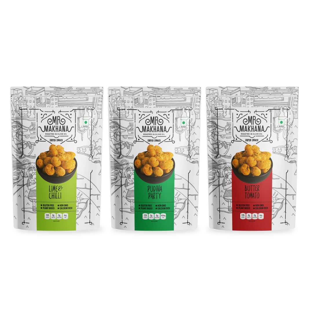 Mr. Makhana Roasted Makhana and Foxnuts | Healthy Snacks | Gluten Free | MSG Free | Antioxidant | Rich Calcium | Zero Trans Fat | Zero cholesterol (Butter Tomato 55gx3)