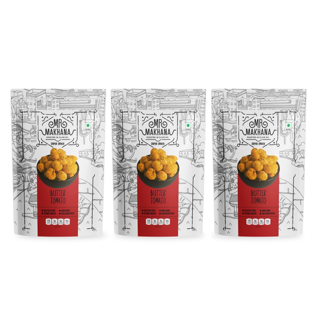 Mr. Makhana Roasted Makhana and Foxnuts | Healthy Snacks | Gluten Free | MSG Free | Antioxidant | Rich Calcium | Zero Trans Fat | Zero cholesterol (Butter Tomato 55gx3)