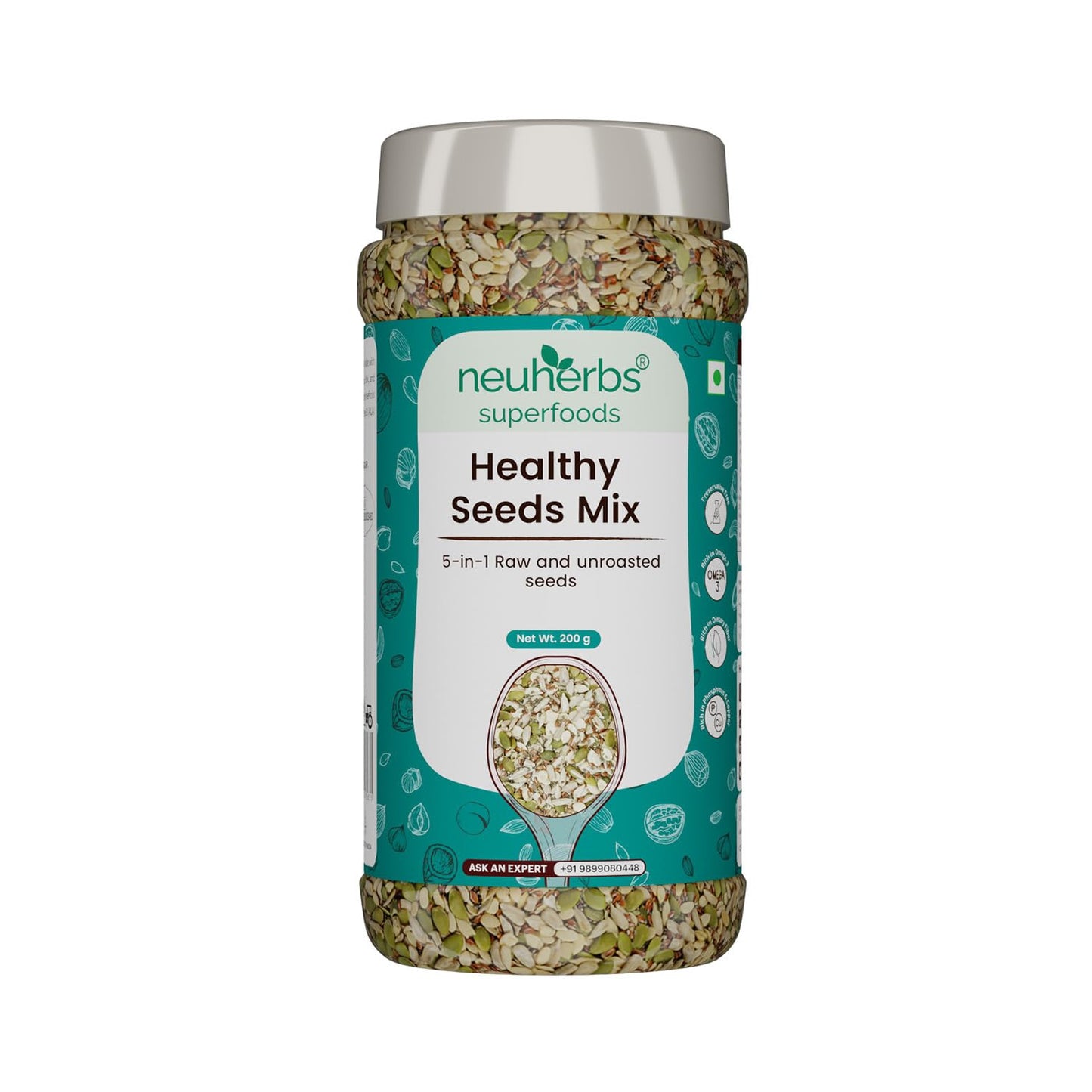 Neuherbs Healthy seeds mix for weight management, Pumpkin, Sunflower, Watermelon, Flax & Chia Seeds | Improved digestion, Muscle building, healthy heart with Omega-3 & protein support- 200 g Trail mix seeds