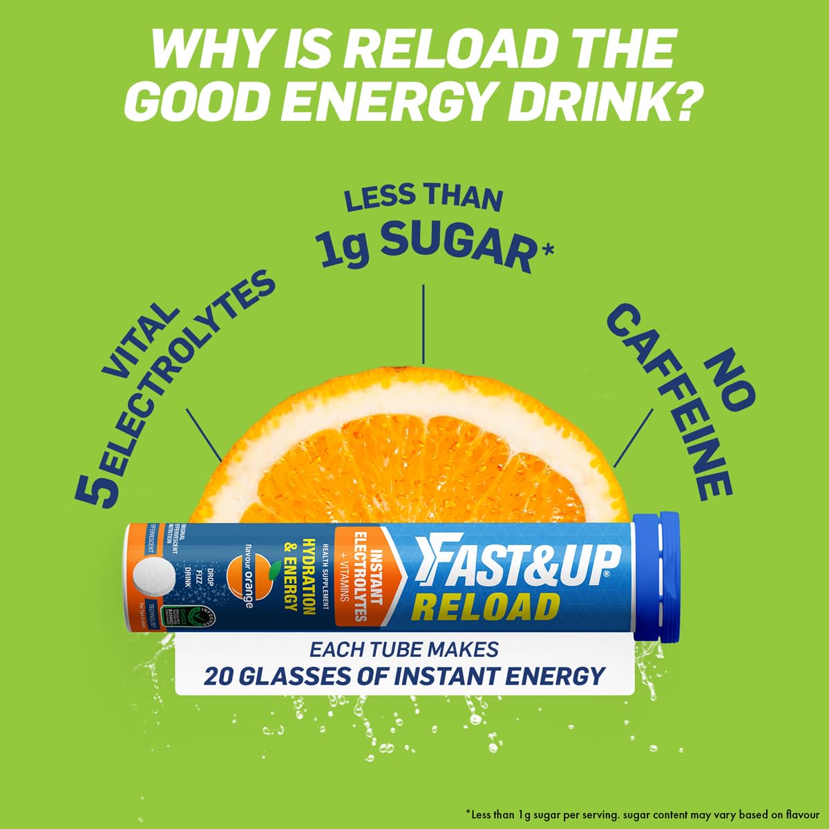 Fast&Up Reload (5 Litres) Low Sugar energy drink for Instant Hydration- 20 Effervescent Tablets with all 5 Essential Electrolytes + Added Vitamins -Certified Electrolytes Drink- Lime and Lemon flavour