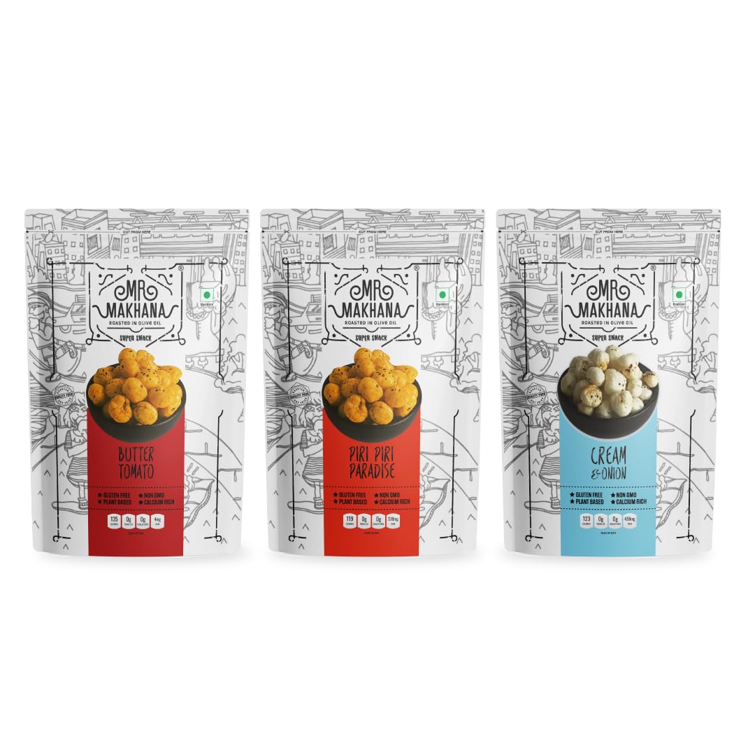 Mr. Makhana Roasted Makhana and Foxnuts | Healthy Snacks | Gluten Free | MSG Free | Antioxidant | Rich Calcium | Zero Trans Fat | Zero cholesterol (Butter Tomato 55gx3)