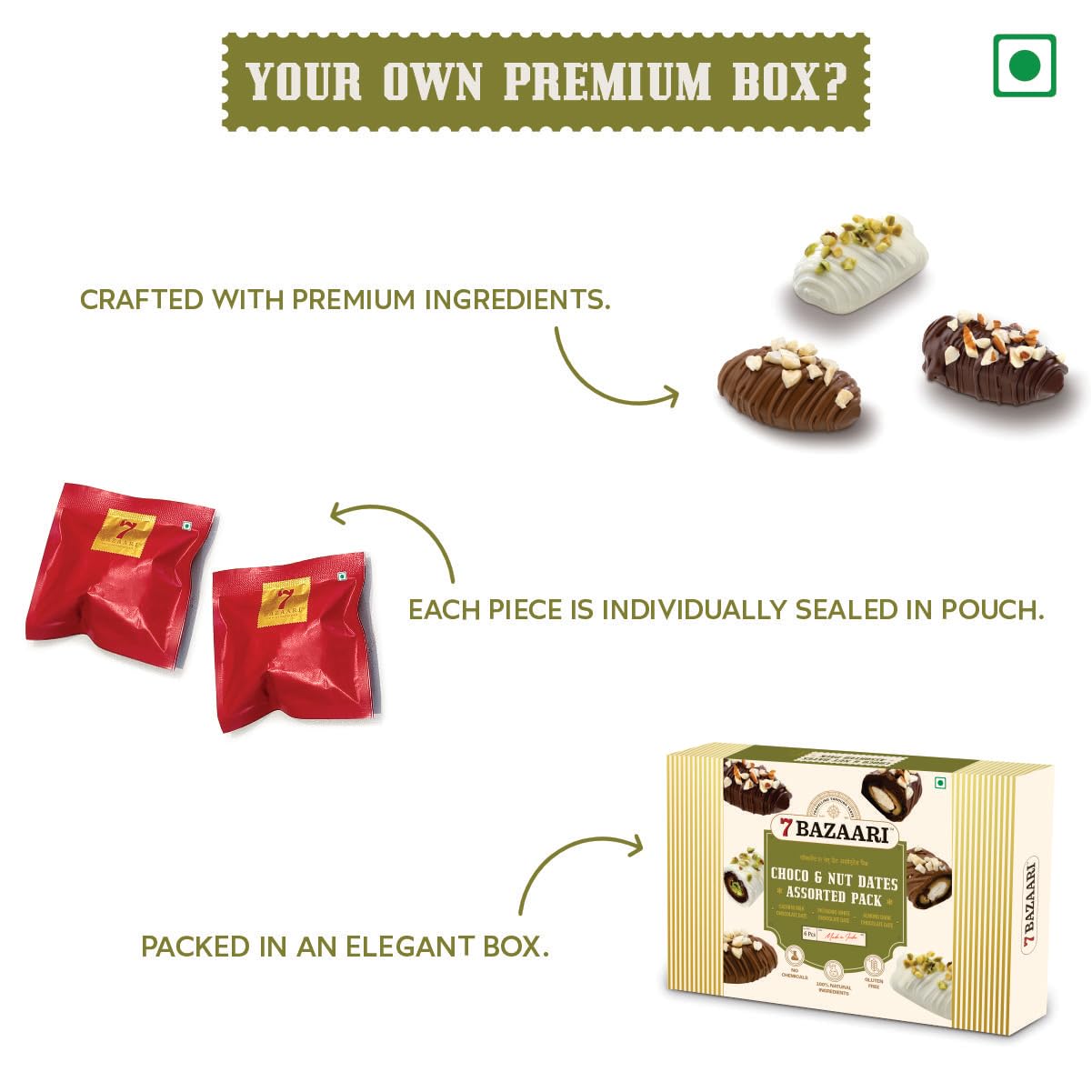 7 BAZAARI™ Premium Choco & Nut Dates - No Added Sugar, Gluten Free, Natural Ingredients - Assorted Almond Dark Chocolate, Cashew Milk Chocolate- 6pcs (Pack of 1)