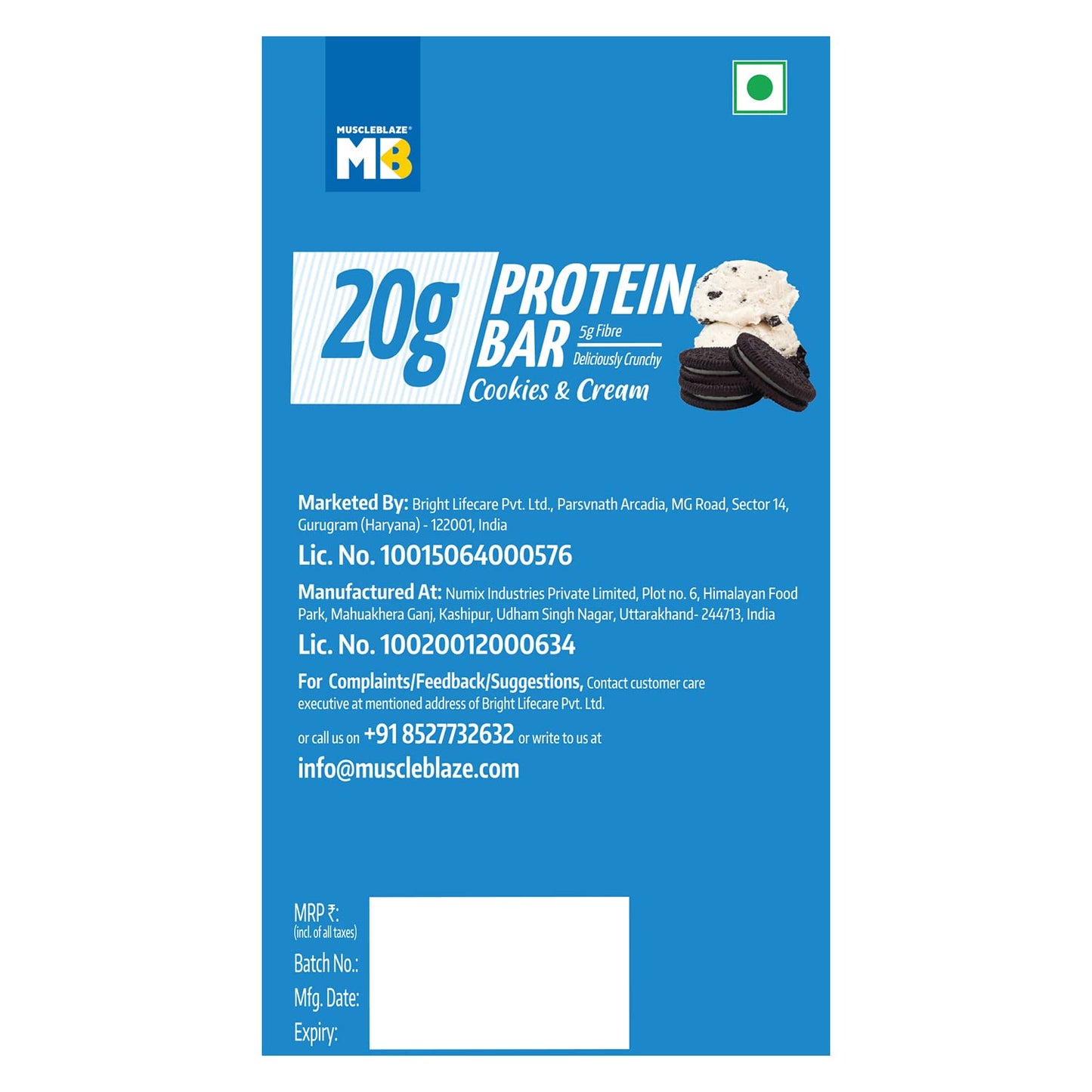 MuscleBlaze 20g Protein Bar (Cookies & Cream, Pack of 6) | Protein Blend, Healthy Protein Snacks | For Energy & Fitness