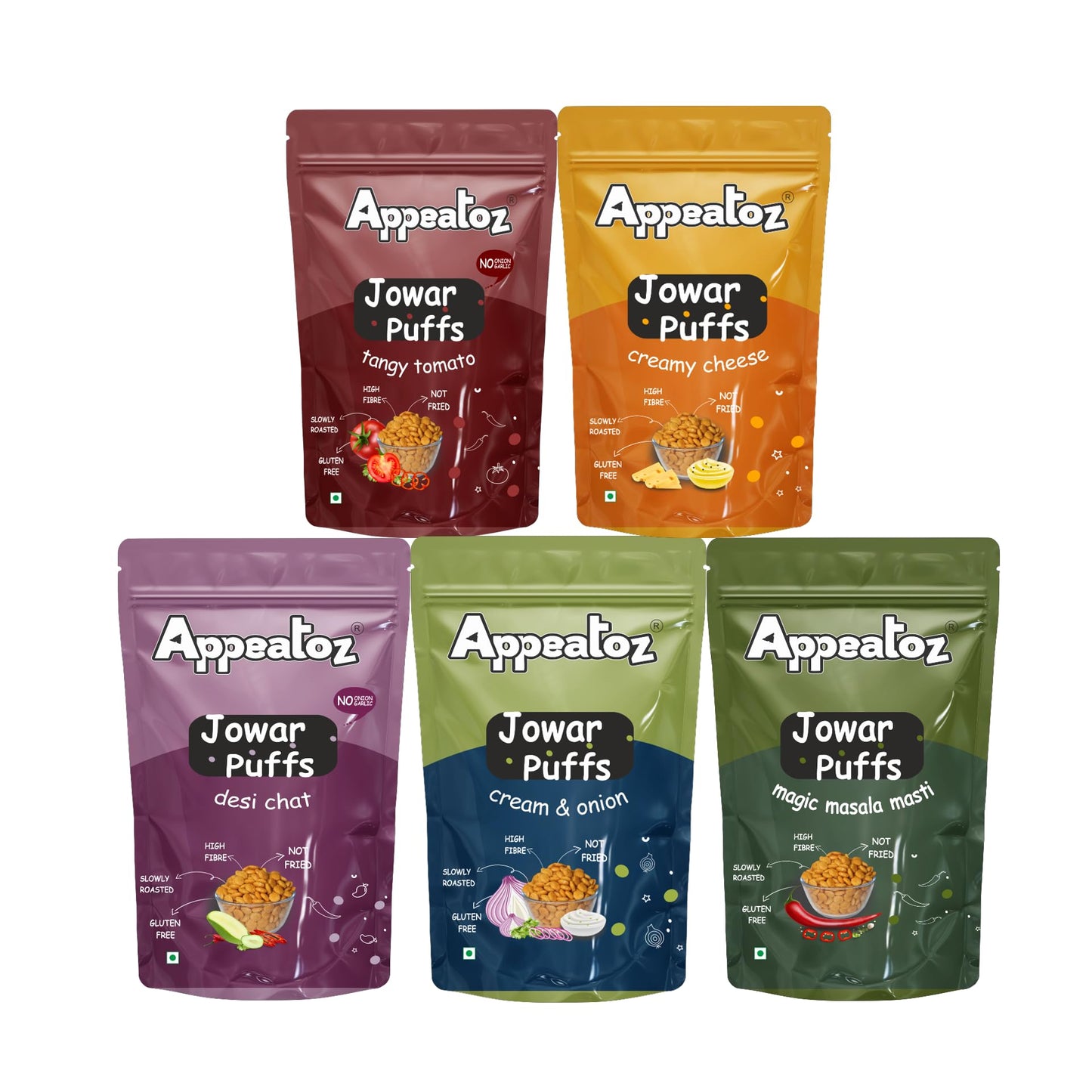 Appeatoz Jowar Puffs - Magic Masala | Roasted, Not Fried | Gluten-Free & High Protein | No Added Sugar | Healthy Baked Snack for Kids & Adults | Sorghum-Based | Crunchy Snack | Pack of 5