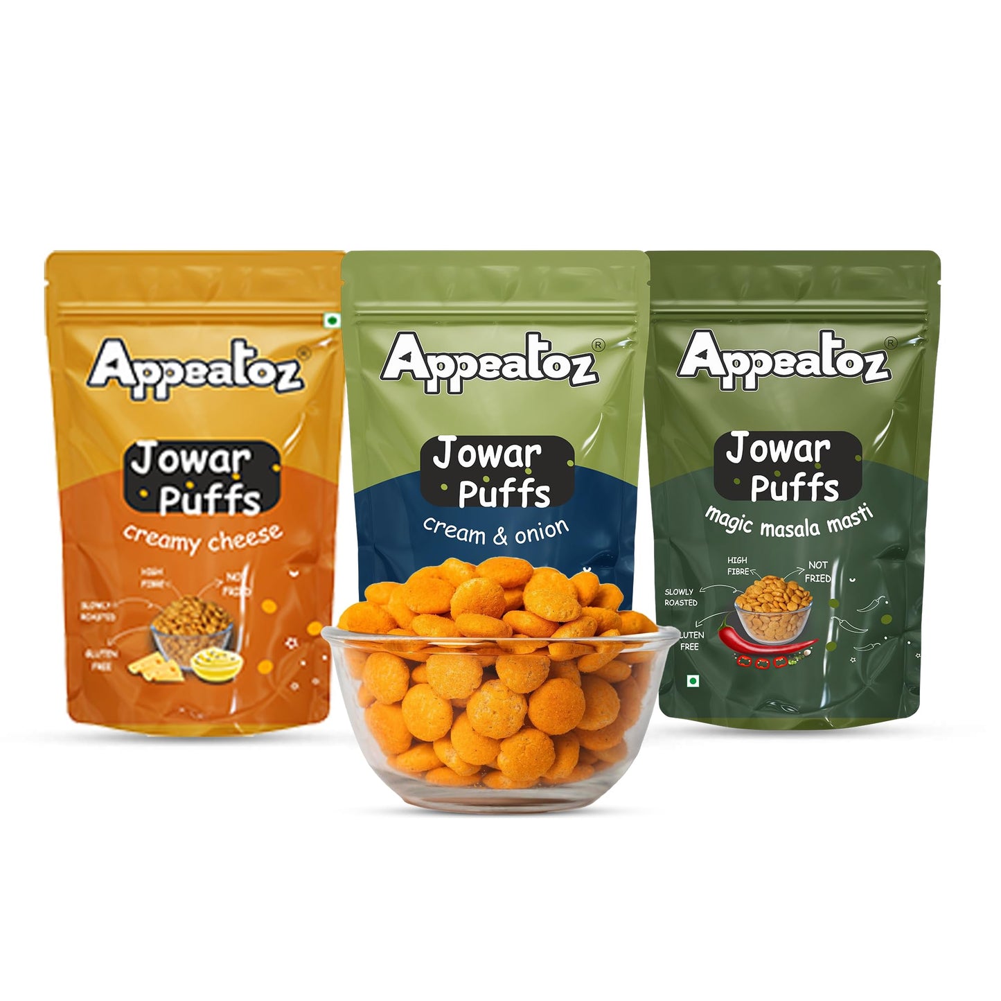 Appeatoz Jowar Puffs - Magic Masala | Roasted, Not Fried | Gluten-Free & High Protein | No Added Sugar | Healthy Baked Snack for Kids & Adults | Sorghum-Based | Crunchy Snack | Pack of 5