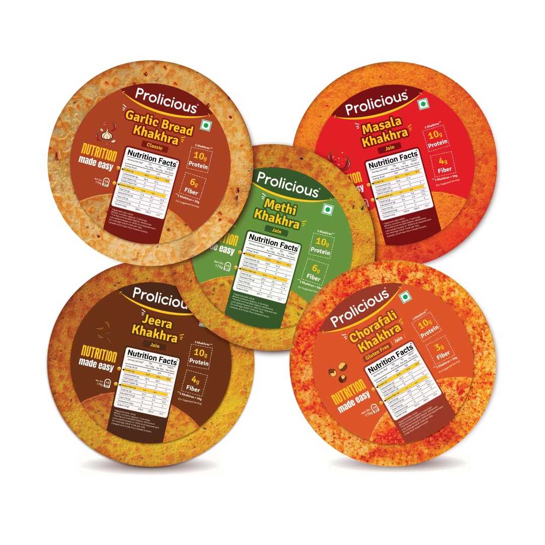 Prolicious Jain Khakhra Combo | Plant Based High Protein Healthy Anytime Snack | No Palm Oil (Pack of 4, 170Grams Each)