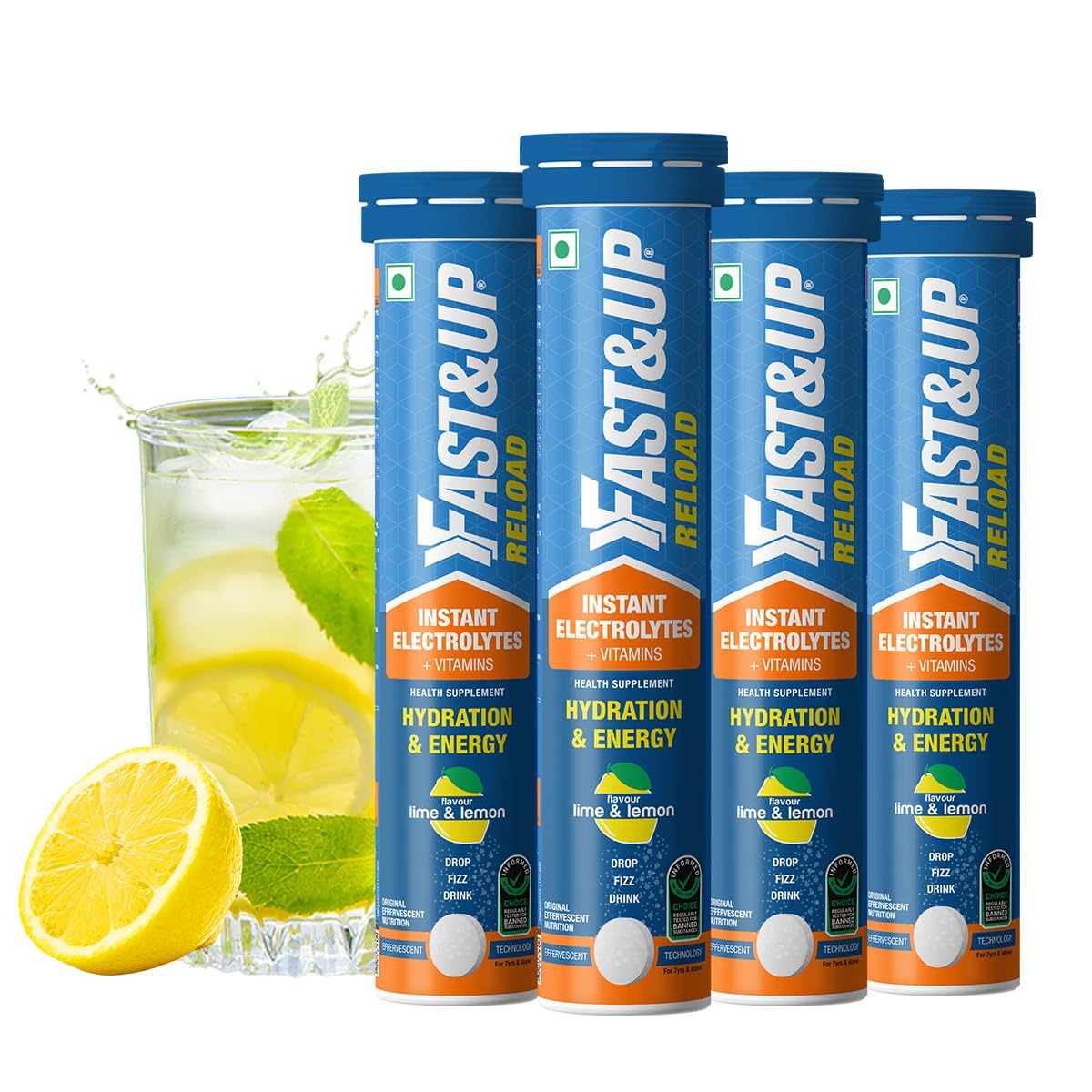 Fast&Up Reload (5 Litres) Low Sugar energy drink for Instant Hydration- 20 Effervescent Tablets with all 5 Essential Electrolytes + Added Vitamins -Certified Electrolytes Drink- Lime and Lemon flavour