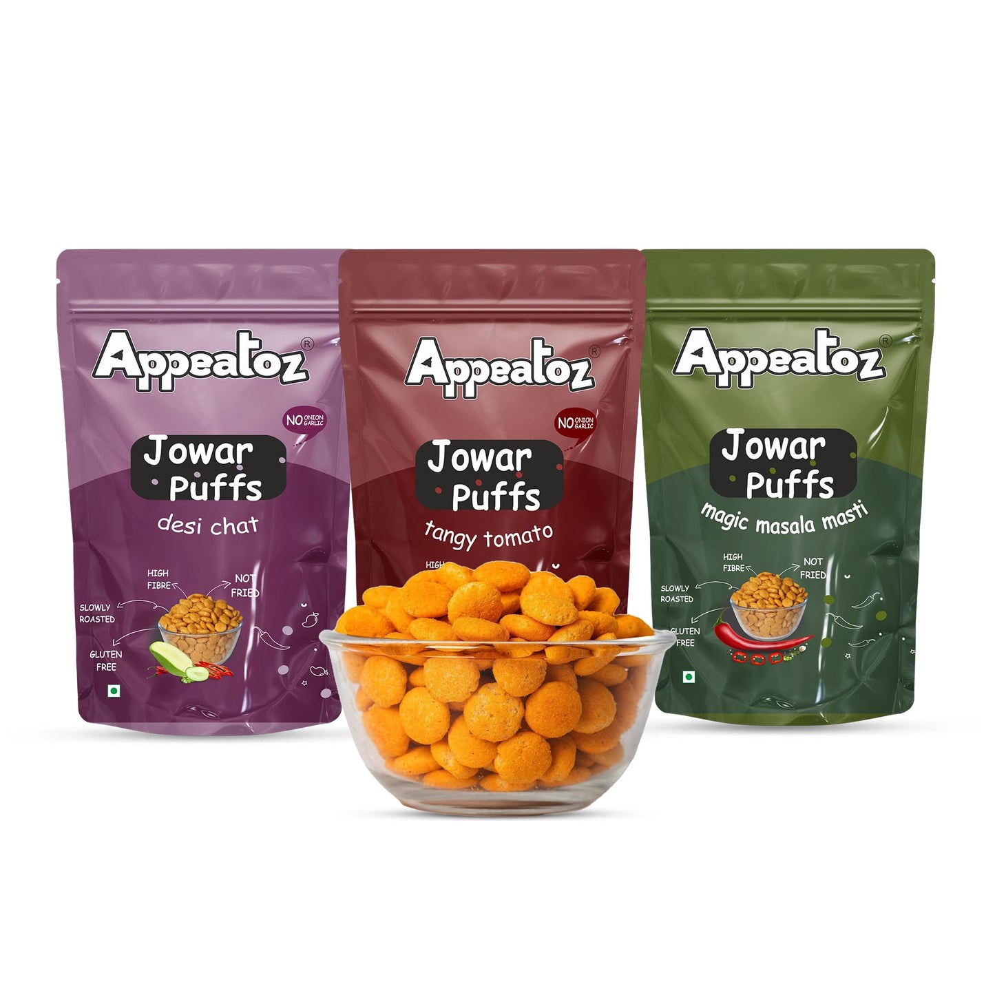 Appeatoz Jowar Puffs - Magic Masala | Roasted, Not Fried | Gluten-Free & High Protein | No Added Sugar | Healthy Baked Snack for Kids & Adults | Sorghum-Based | Crunchy Snack | Pack of 5