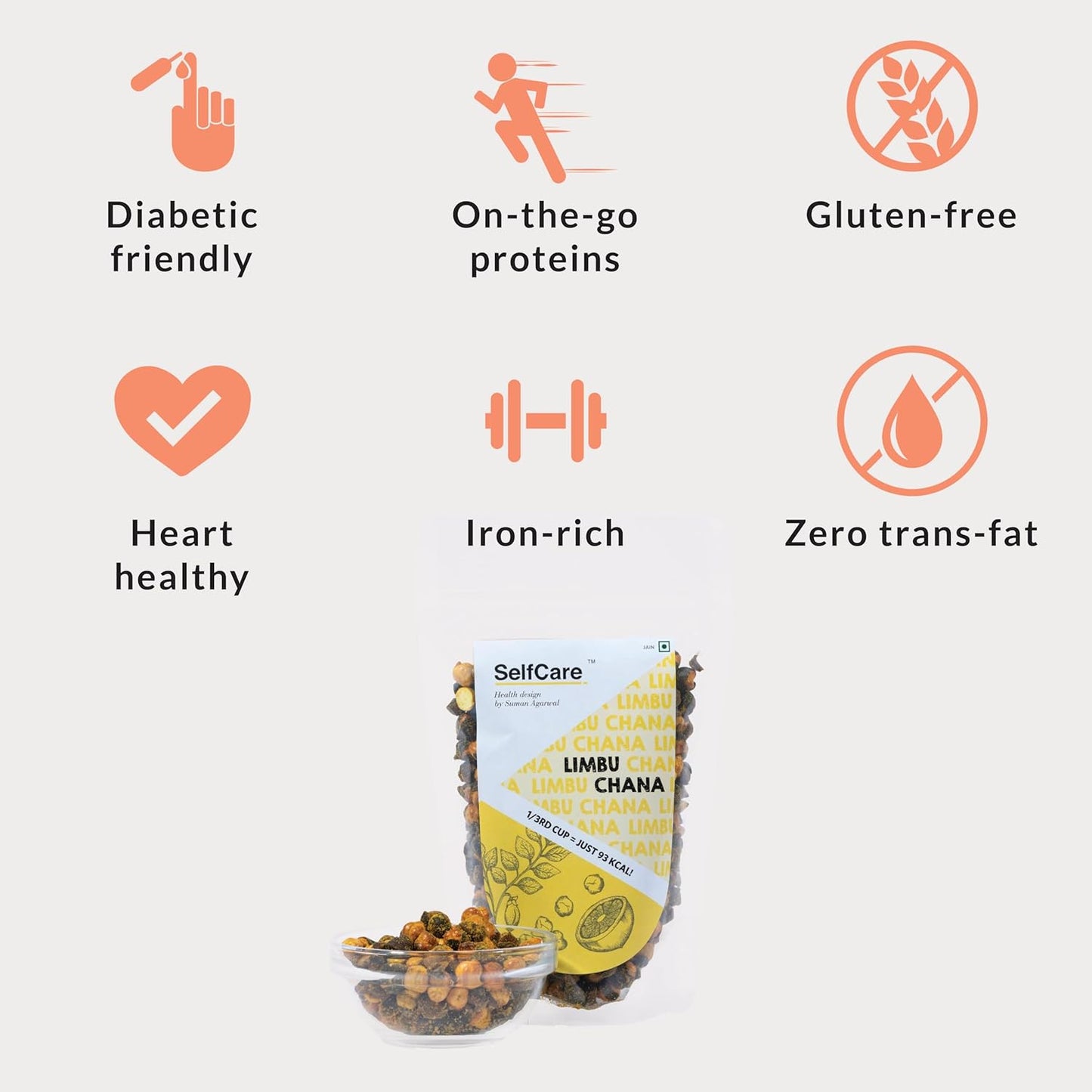 SelfCare By Suman Agarwal Limbu Chana Pack of 1 200g | Roasted - No Added Sugar - Gluten Free | Snacks - Namkeen - Grocery | Spicy Crunchy & Chatpata - Tae time Snakcing | Jain & Travel Friendly