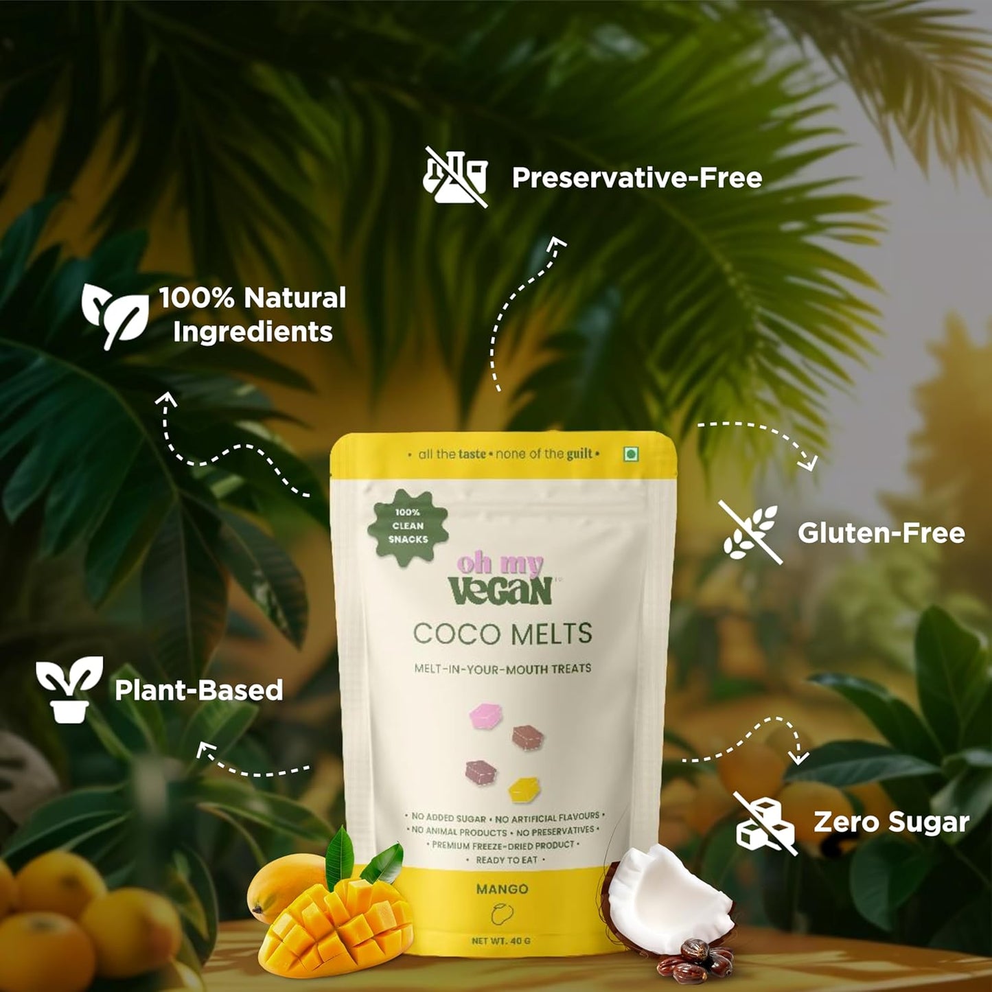 Oh My Vegan Mango Coco Melts - New Innovative Treats - Healthy Snacks for Adults And Kids - Gluten Free - Freeze Dried - Vegan Snacks - Freeze Dried Fruits - Gourmet Dessert Treat for Snacking & Gifting - 40g
