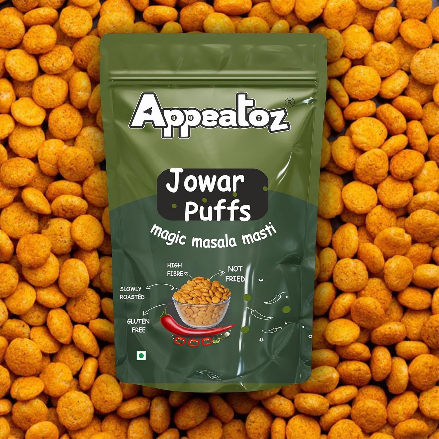 Appeatoz Jowar Puffs - Magic Masala | Roasted, Not Fried | Gluten-Free & High Protein | No Added Sugar | Healthy Baked Snack for Kids & Adults | Sorghum-Based | Crunchy Snack | Pack of 5