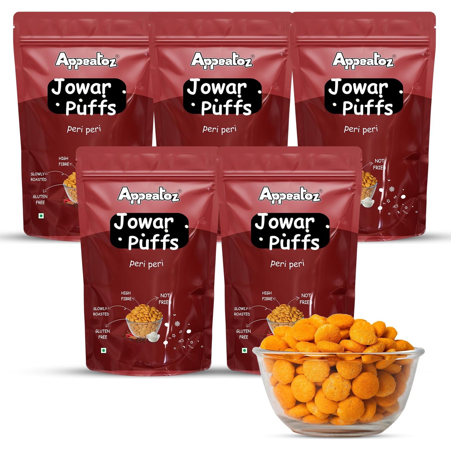 Appeatoz Jowar Puffs - Magic Masala | Roasted, Not Fried | Gluten-Free & High Protein | No Added Sugar | Healthy Baked Snack for Kids & Adults | Sorghum-Based | Crunchy Snack | Pack of 5