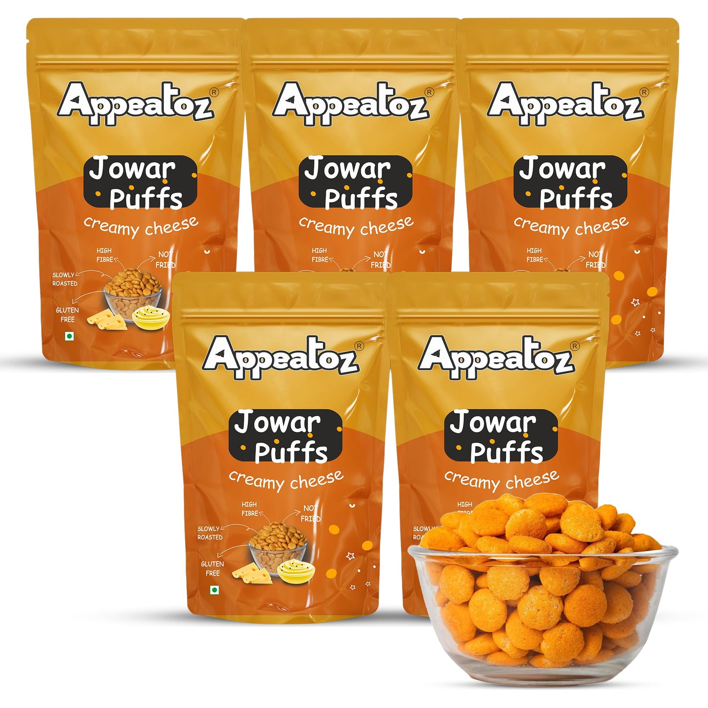 Appeatoz Jowar Puffs - Magic Masala | Roasted, Not Fried | Gluten-Free & High Protein | No Added Sugar | Healthy Baked Snack for Kids & Adults | Sorghum-Based | Crunchy Snack | Pack of 5