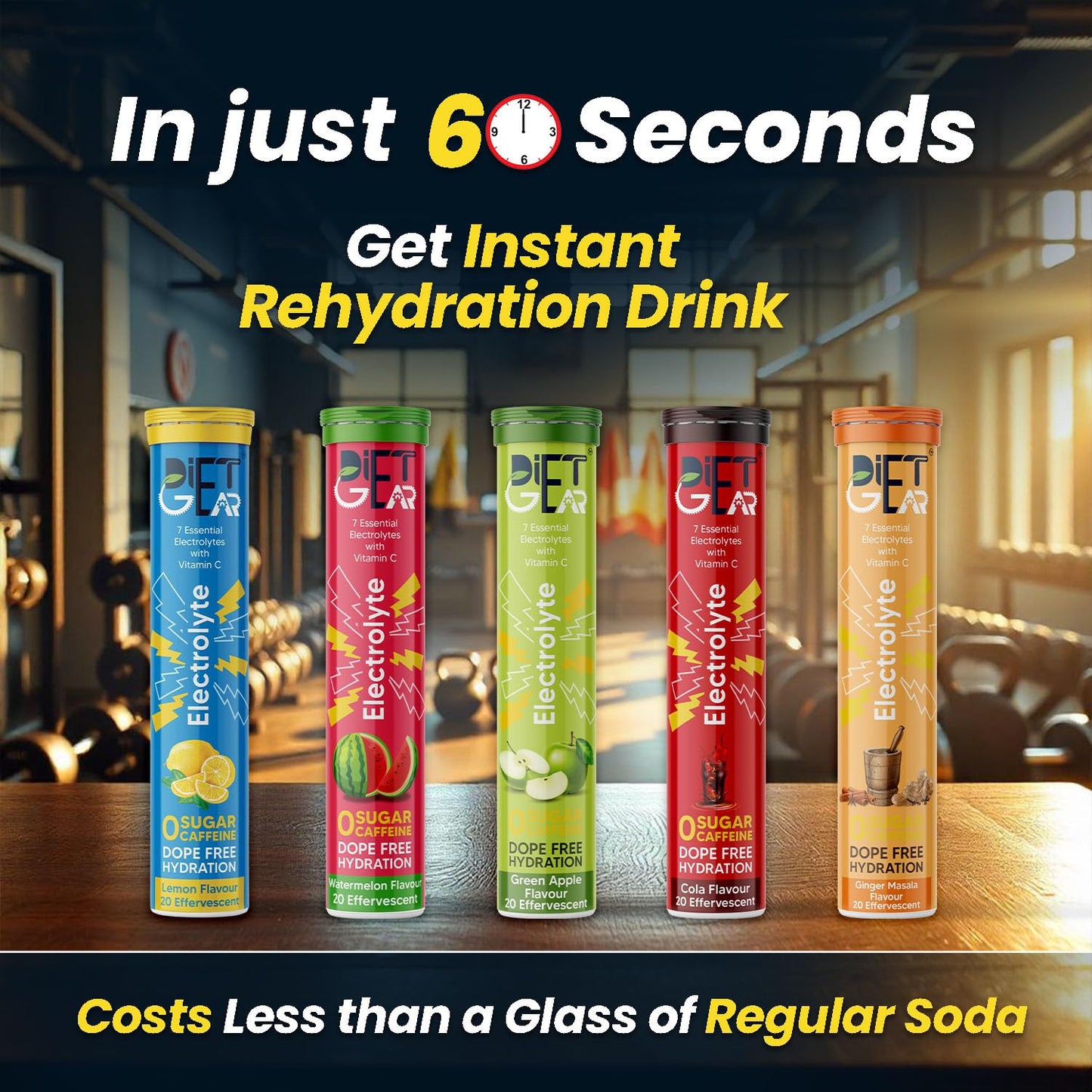 DIET GEAR Energy Drink - 25 litre Zero Sugar, Zero Caffeine Electrolytes 100 Effervescent Servings|added 7 Essential Salts (Na, K, Mg, Ca, Cl, Zn, SO4) + Vitamin C|Combo Flavor, tablet, 5 count
