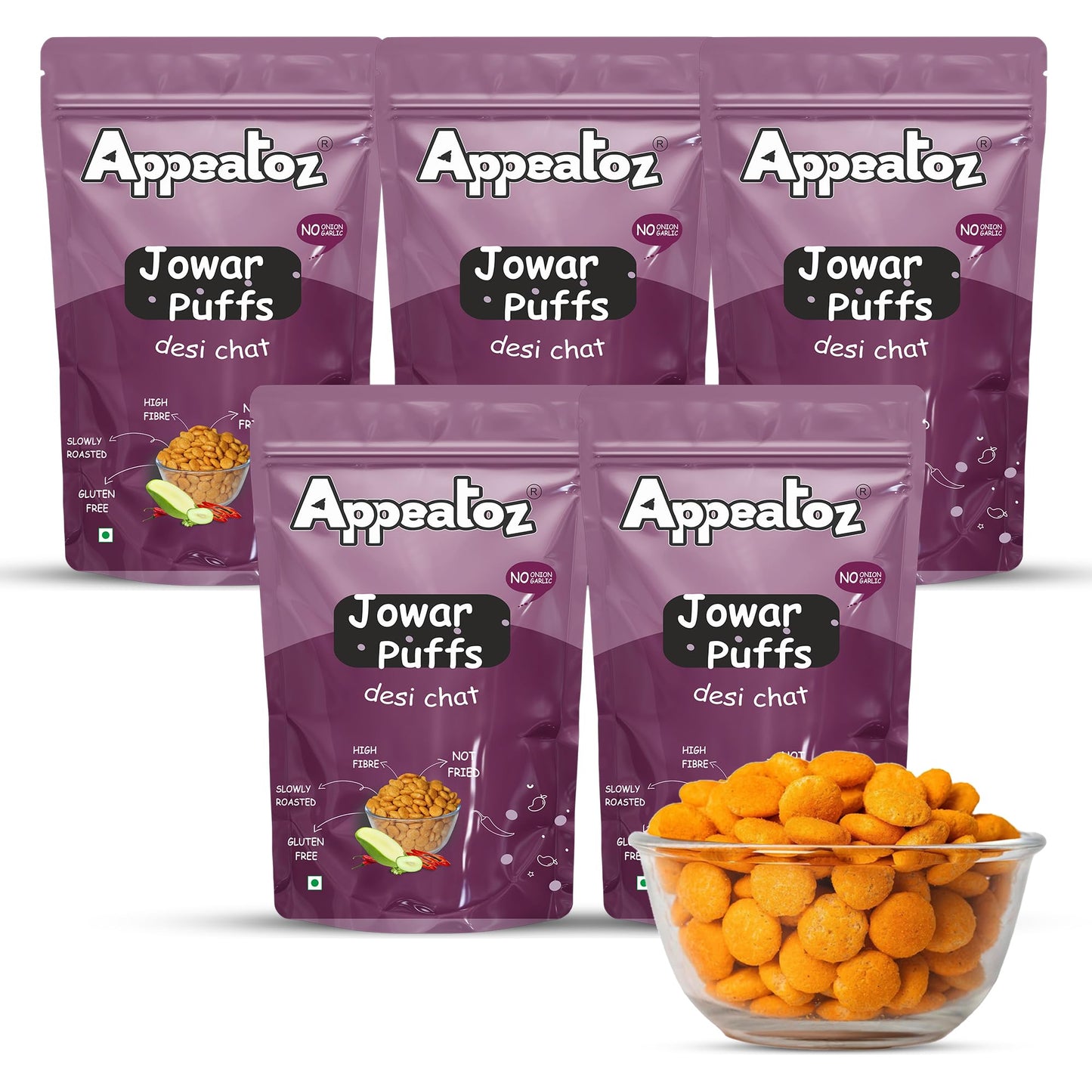 Appeatoz Jowar Puffs - Magic Masala | Roasted, Not Fried | Gluten-Free & High Protein | No Added Sugar | Healthy Baked Snack for Kids & Adults | Sorghum-Based | Crunchy Snack | Pack of 5