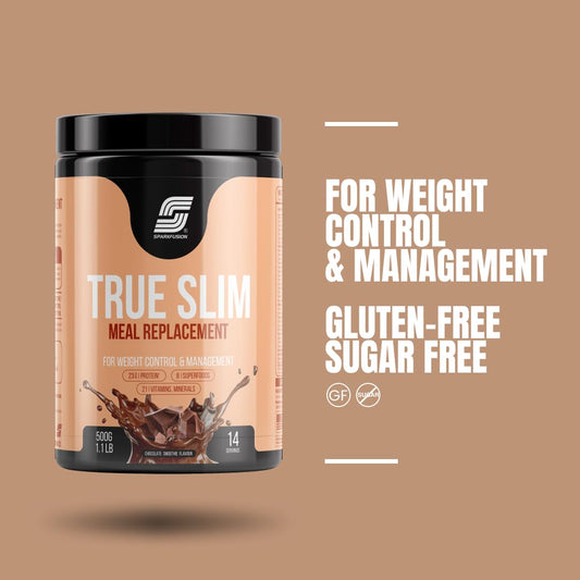 Sparkfusion True Slim Protein Powder Meal Replacement Shake | For Weight Control And Management | 23 gm Protein With 8 Ayurvedic Superfood | Sugar Free | For Men and Women (Chocolate Smoothie, 500 gm)