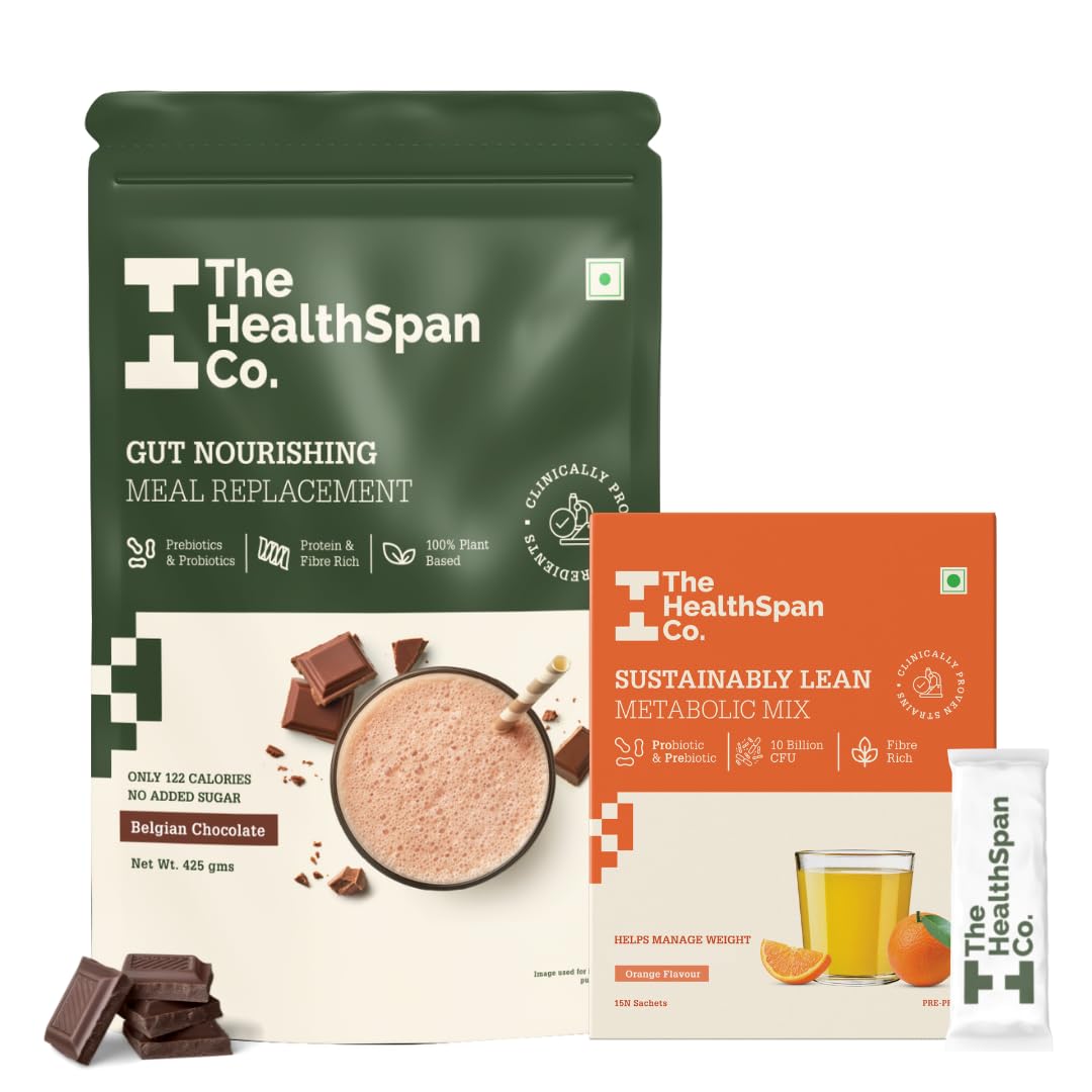 The Healthspan Co. | Meal Replacement Drink for men & women to manage weight & inch | Only 122 Calories | With Fiber & Probiotics | Plant Based Protein | 175gm (35gm X 5 Sachets) | Belgian Chocolate