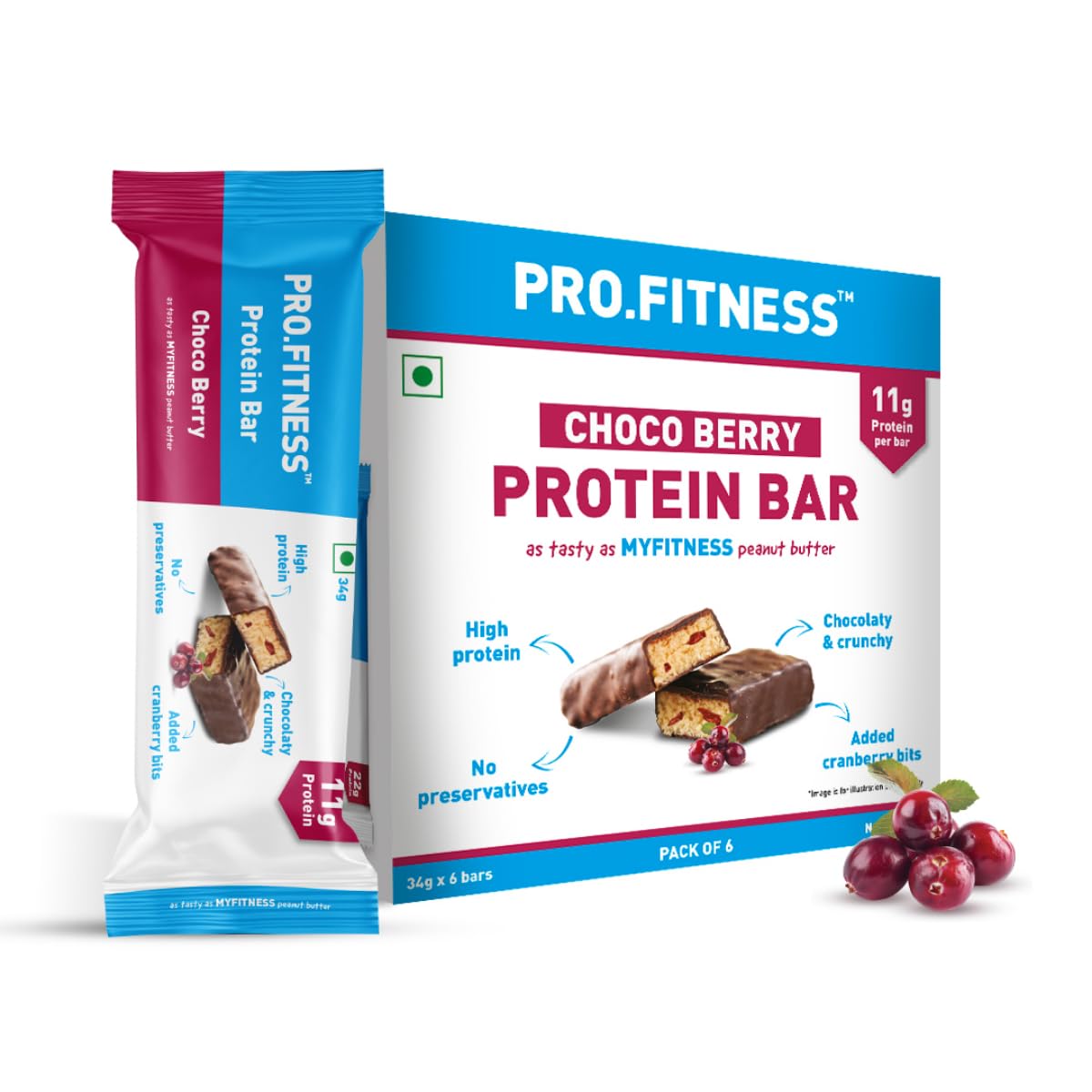 PRO.FITNESS Choco Berry Protein Bars | 11g Protein | No Added Sugar, No Preservatives, No Trans Fat | Healthy & Tasty Protein Bars | Pre-Post Workout Snack | Protein Chocolate Bars (34g x Pack of 6)