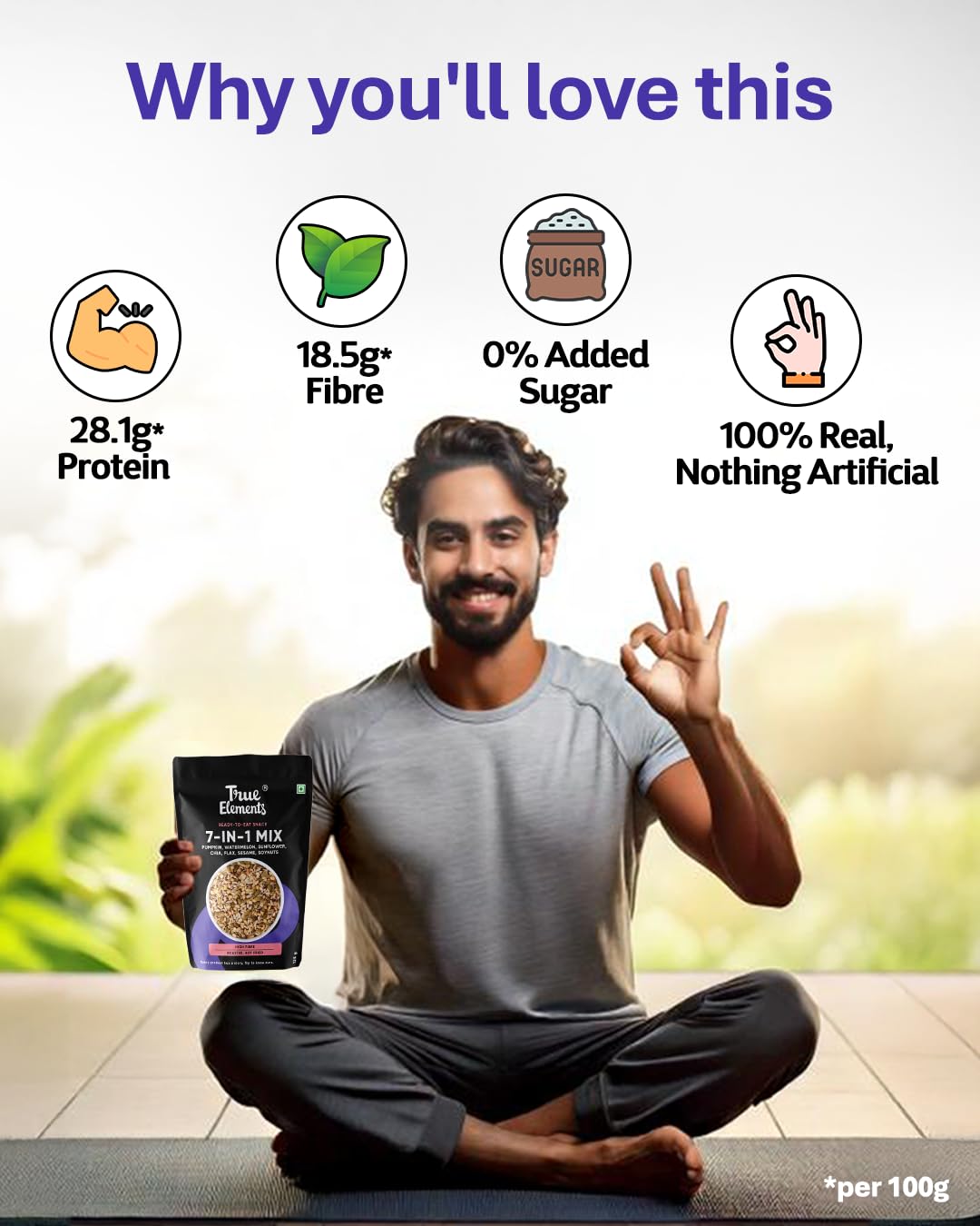 True Elements 7 in 1 Seeds Mix 250g - Edible Seeds | Healthy Seeds | Diet Snacks | 100% Natural and Roasted Seeds - Pumpkin, Watermelon, Sunflower, Flax, Chia, Sesame & Soynuts