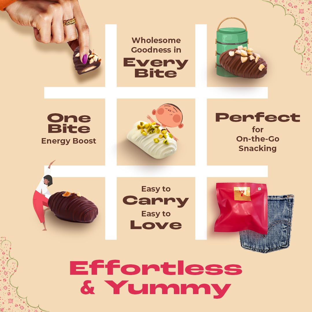 7 BAZAARI™ Premium Choco & Nut Dates - No Added Sugar, Gluten Free, Natural Ingredients - Assorted Almond Dark Chocolate, Cashew Milk Chocolate- 6pcs (Pack of 1)