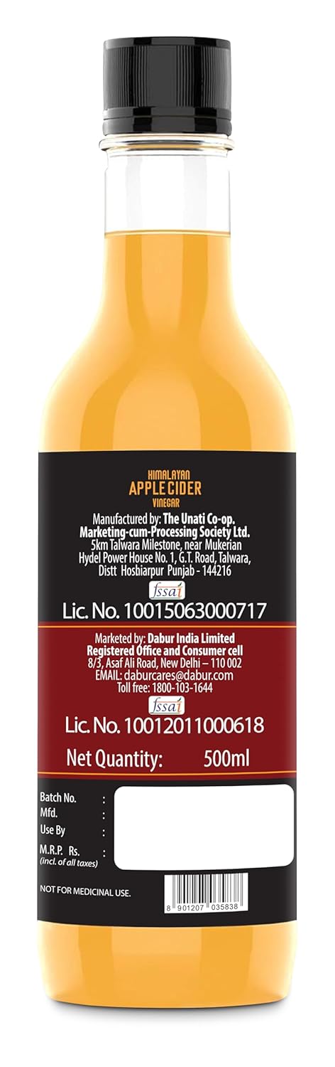 Dabur Himalayan Apple Cider Vinegar - 500ml | Oraganic Sourced Hanpicked Apples | Mother of Vinegar | For Weight Management, Reduced Bloating, Healthy Skin & Hair | Raw, Unfiltered & Unpasteurized