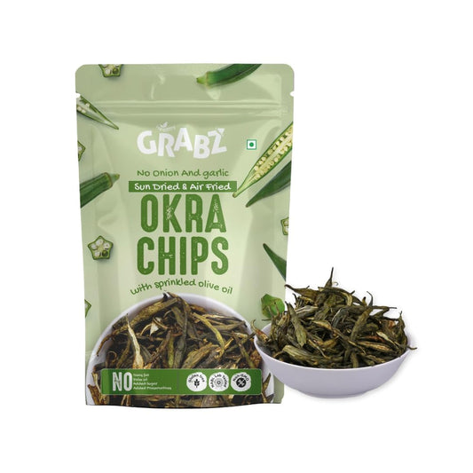 GRABZ Crispy Jain Bhindi Okra Chips without Onion ,Garlic | Air-Cooked, Solar-Dehydrated |No Palm Oil | No Maida | Zero Cholestrol, Gluten Free Vegan Snacks| Low Cholesterol | High Fiber |Olive Oil & Spicy Masala Flavor | 20g Each (Pack of 4)