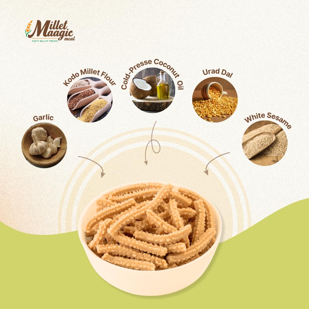 Millet Maagic Meal Garlic Murukku - 100 G (Pack of 2) | Crispy & Healthy Millet Chakli | Gluten-Free Snack | No Palm Oil | Made with Cold-Pressed Oil | South Indian Namkeen