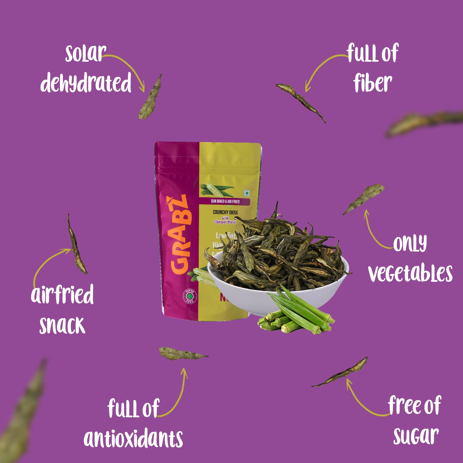 GRABZ Crispy Jain Bhindi Okra Chips without Onion ,Garlic | Air-Cooked, Solar-Dehydrated |No Palm Oil | No Maida | Zero Cholestrol, Gluten Free Vegan Snacks| Low Cholesterol | High Fiber |Olive Oil & Spicy Masala Flavor | 20g Each (Pack of 4)