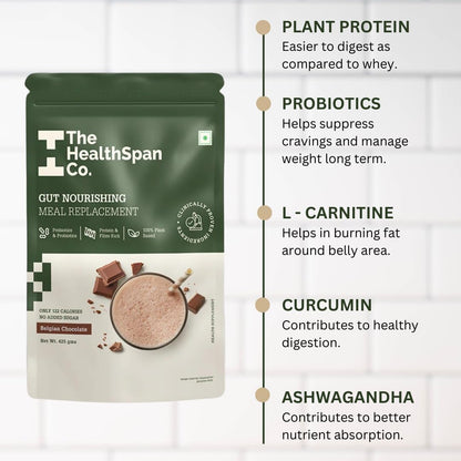 The Healthspan Co. | Meal Replacement Drink for men & women to manage weight & inch | Only 122 Calories | With Fiber & Probiotics | Plant Based Protein | 175gm (35gm X 5 Sachets) | Belgian Chocolate