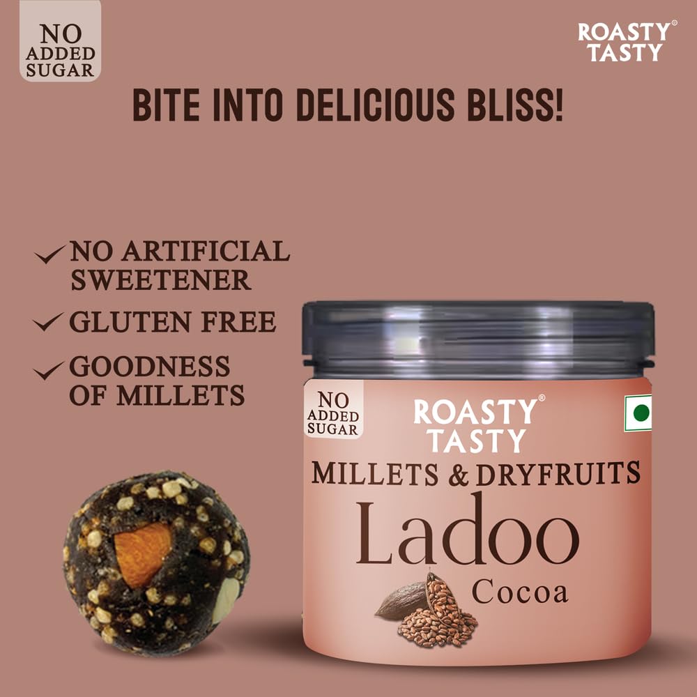 Roasty Tasty Cocoa - Millets & Dryfruits Ladoo | No Added Sugar | Energy Bar Replacement | No Artificial Flavor | Healthy Snacks | Rich in Proteins | Dry Fruits, Seeds & Nuts Mithai | Pack of 1-100g