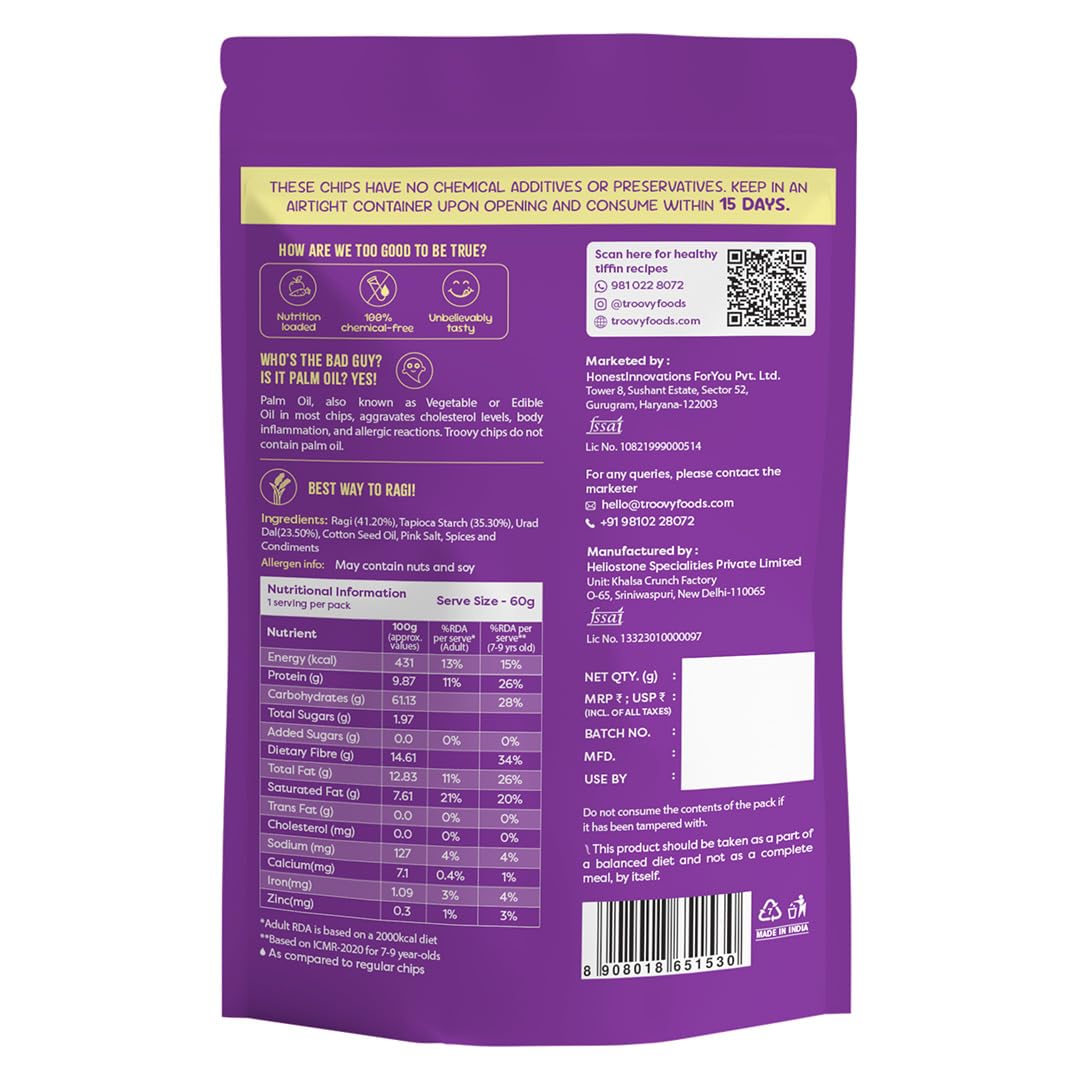 Troovy Healthy Ragi Chips | Tasty & High Protein Snacks | 30% Of Protein Needs | No Palm Oil, Cholesterol or Trans Fats | No Junk & Chemicals | Made with Ragi | Masala Flavoured | 3 packs X 70 grams