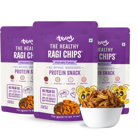 Troovy Healthy Ragi Chips | Tasty & High Protein Snacks | 30% Of Protein Needs | No Palm Oil, Cholesterol or Trans Fats | No Junk & Chemicals | Made with Ragi | Masala Flavoured | 3 packs X 70 grams