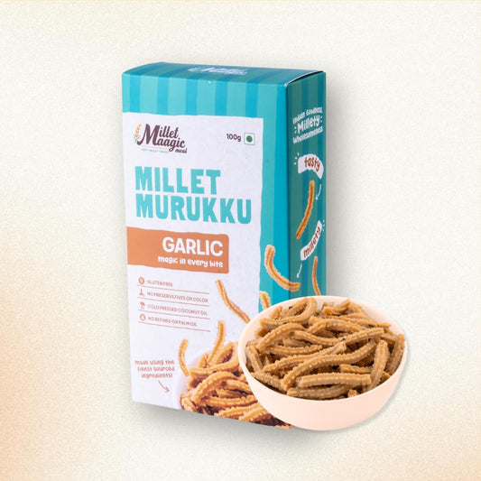 Millet Maagic Meal Garlic Murukku - 100 G (Pack of 2) | Crispy & Healthy Millet Chakli | Gluten-Free Snack | No Palm Oil | Made with Cold-Pressed Oil | South Indian Namkeen