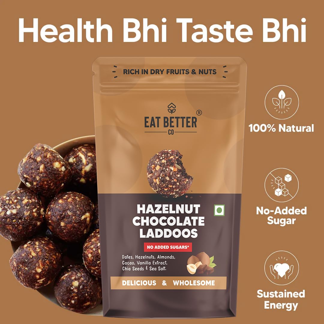 EAT BETTER CO Hazelnut & Chocolate Sugar-Free Laddoos|High Protein & Instant Energy|95% Dry-Fruits-Pack Of 20-Healthy Chocolate No Added Sugar|Healthy Snacks|Energy-Bar Replacement, 200Gram