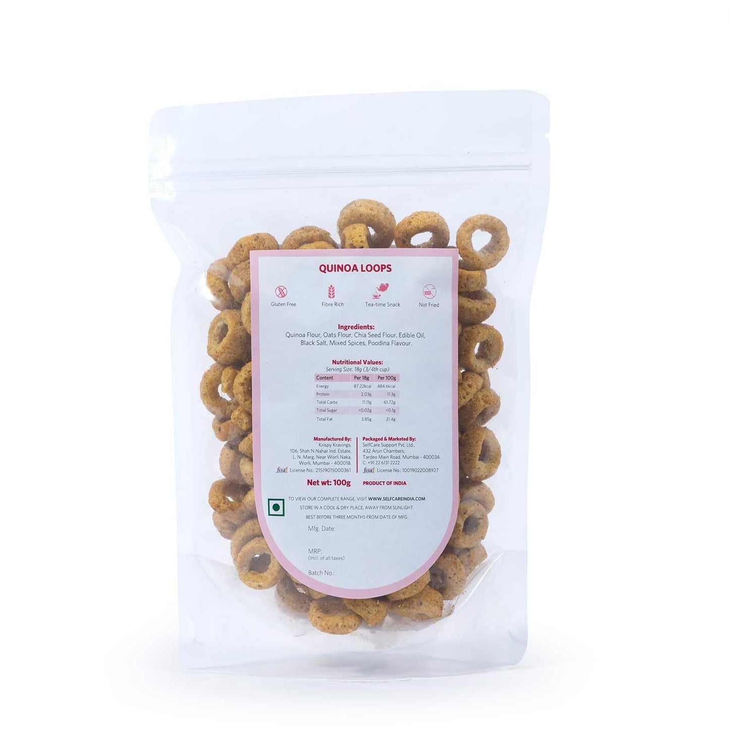 SelfCare By Suman Agarwal Quinoa Loops Pack of 1 100g | Healthy & Non Fried | Savoury - Snacks - Namkeen - Grocery | Spicy Crunchy & Chatpata - Tea time Snacking | Diabetic Jain & Travel Friendly