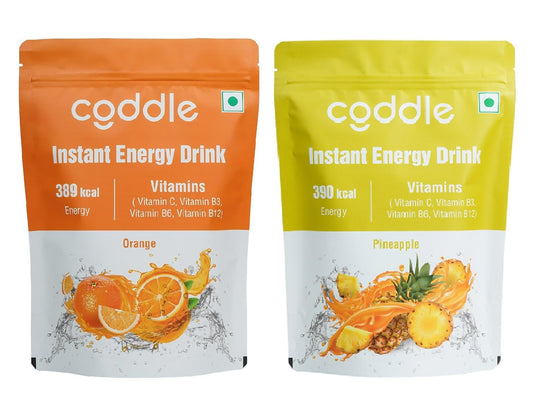 Coddle Instant Energy Drink | Orange & Pineapple Flavor Combo | 390 kcal Energy | Enriched with Vitamins (C, B3, B6, B12) | Refreshing & Hydrating | 2 Flavors Each Pack 900gm | 100% Vegetarian