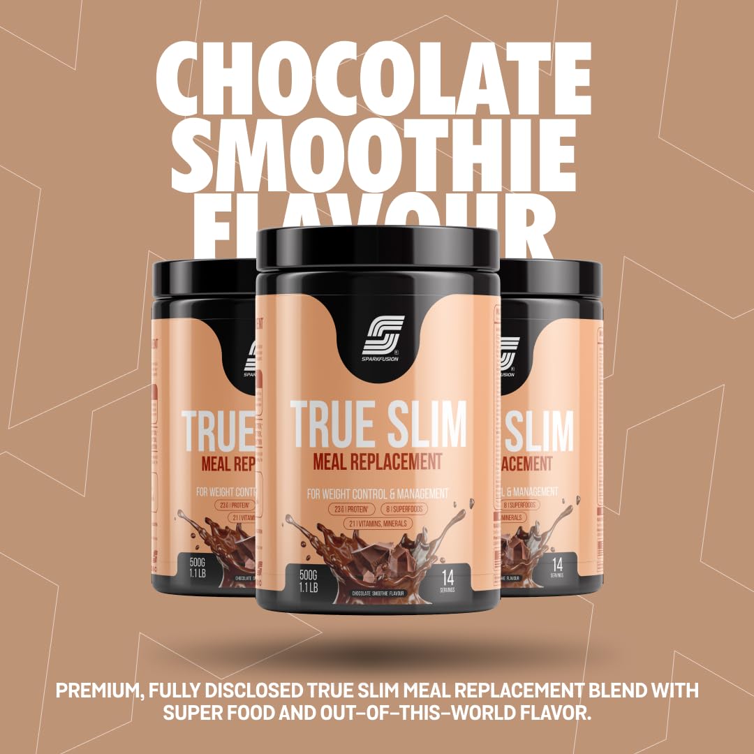 Sparkfusion True Slim Protein Powder Meal Replacement Shake | For Weight Control And Management | 23 gm Protein With 8 Ayurvedic Superfood | Sugar Free | For Men and Women (Chocolate Smoothie, 500 gm)