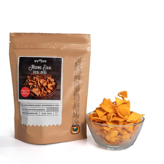 Evolve Moong Dal Chips Healthy Snacks for Kids, Adults | Roasted, Gluten Free, Vegan, No Palm Oil & Artificial Colors, Peri Peri Flavor - 100g Pack of 2