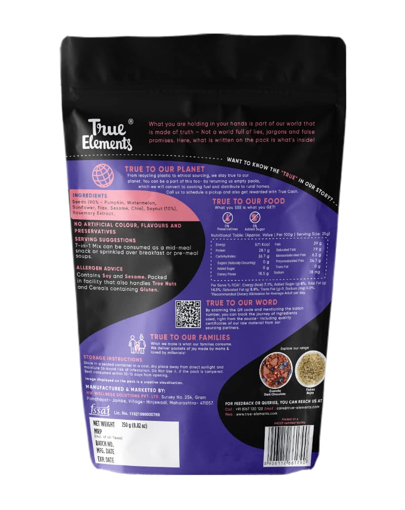 True Elements 7 in 1 Seeds Mix 250g - Edible Seeds | Healthy Seeds | Diet Snacks | 100% Natural and Roasted Seeds - Pumpkin, Watermelon, Sunflower, Flax, Chia, Sesame & Soynuts