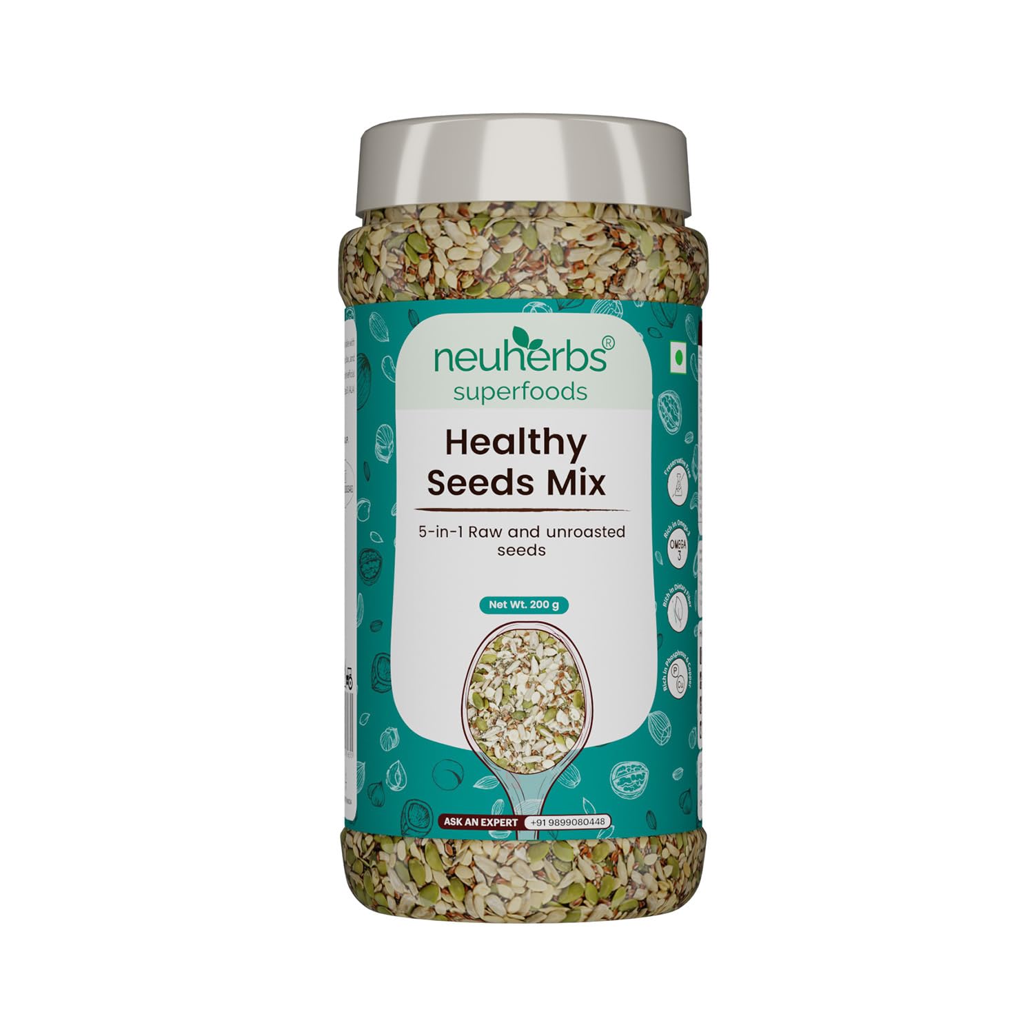 Neuherbs Healthy seeds mix for weight management, Pumpkin, Sunflower, Watermelon, Flax & Chia Seeds | Improved digestion, Muscle building, healthy heart with Omega-3 & protein support- 200 g Trail mix seeds