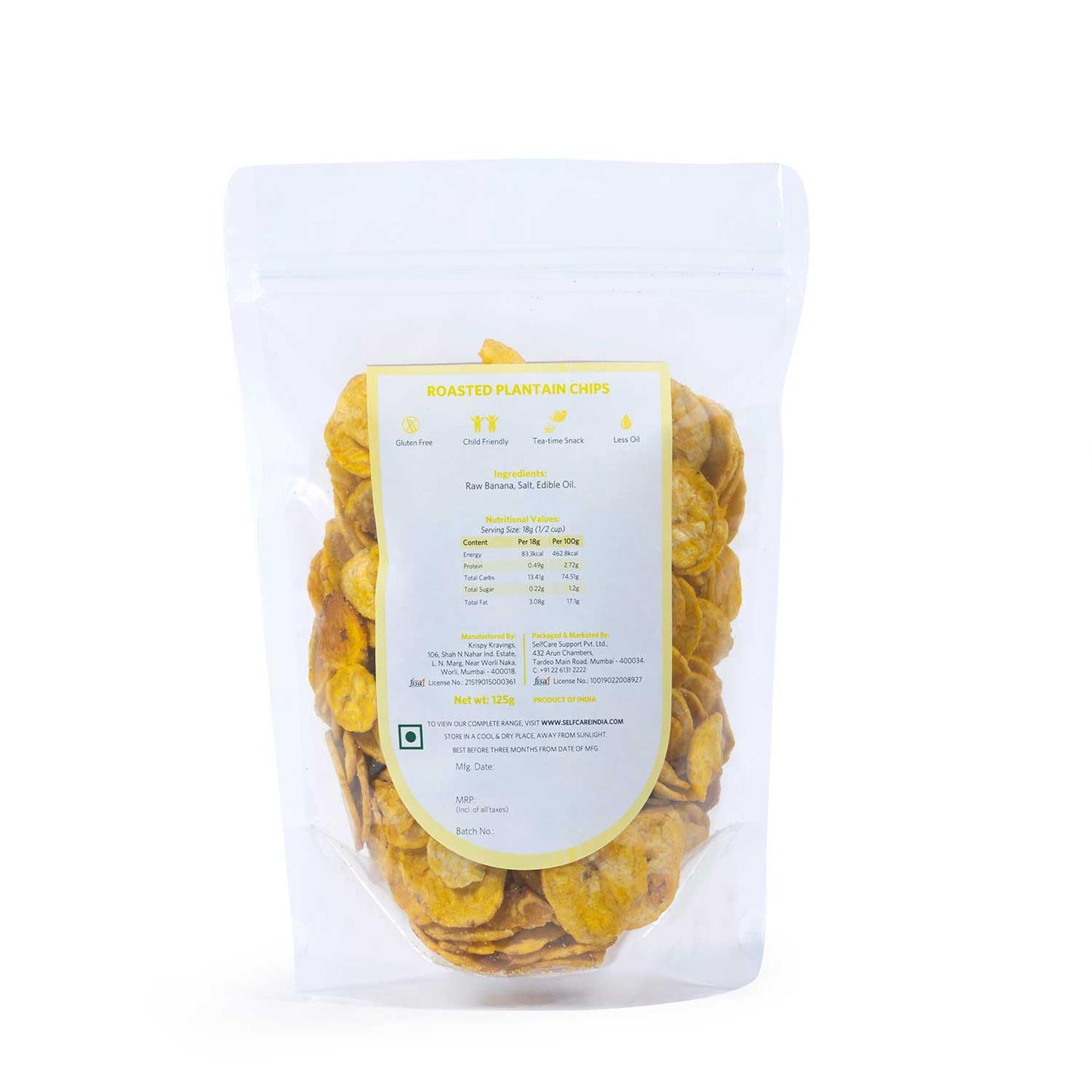 SelfCare By Suman Agarwal Roasted Plantain Chips Pack of 1 125 grams | Healthy - Gluten Free | Savoury - Snacks - Namkeen - Grocery | Mid Day - Workout - Tea time Snacking | Jain & Travel Friendly