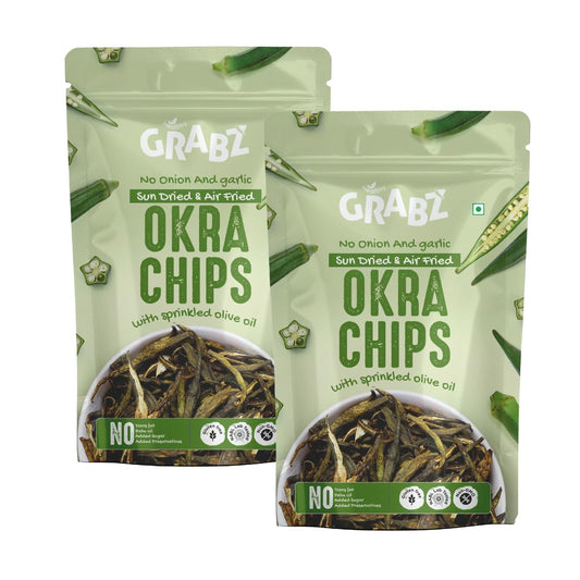 GRABZ Crispy Jain Bhindi Okra Chips without Onion ,Garlic | Air-Cooked, Solar-Dehydrated |No Palm Oil | No Maida | Zero Cholestrol, Gluten Free Vegan Snacks| Low Cholesterol | High Fiber |Olive Oil & Spicy Masala Flavor | 20g Each (Pack of 4)