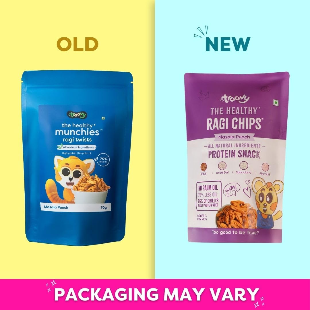 Troovy Healthy Ragi Chips | Tasty & High Protein Snacks | 30% Of Protein Needs | No Palm Oil, Cholesterol or Trans Fats | No Junk & Chemicals | Made with Ragi | Masala Flavoured | 3 packs X 70 grams