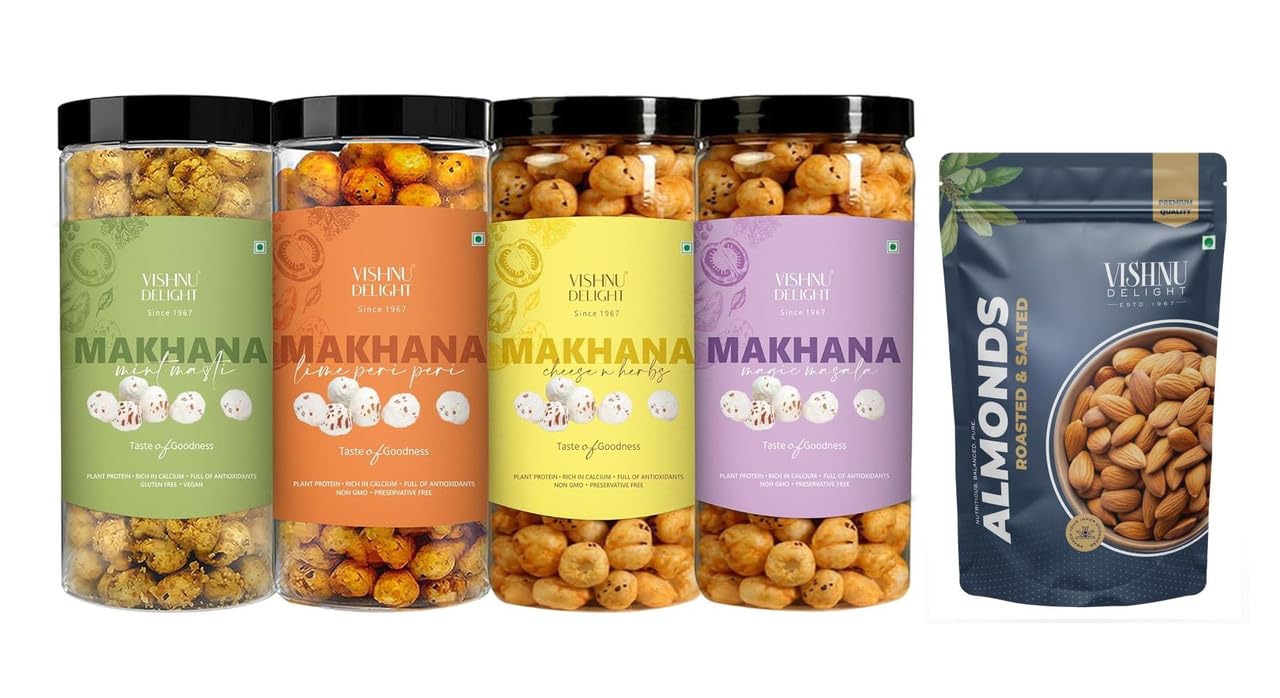 Vishnu Delight Roasted Makhana Combo Pack - 4 of 90g Each flavor - Mint Masti, Fiery Peri Peri, Tangy Tomato, Himalayan Salt & Pepper - Crunchy, Deliciously, and Full of Flavorful Indian Spices Snacks